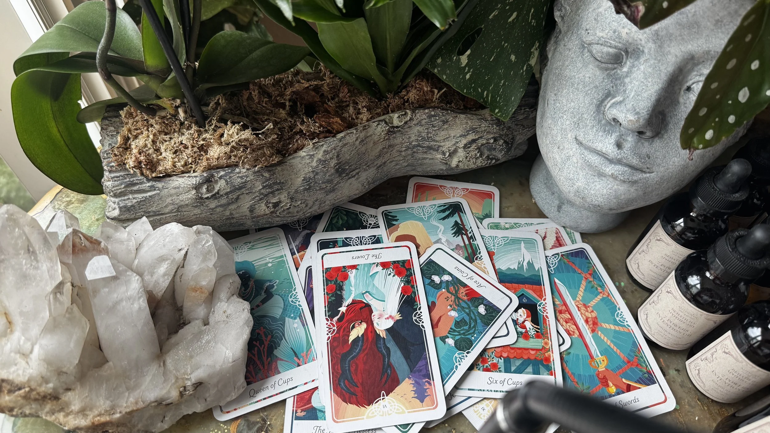 Strength, 4 of Wands, High Priestess 