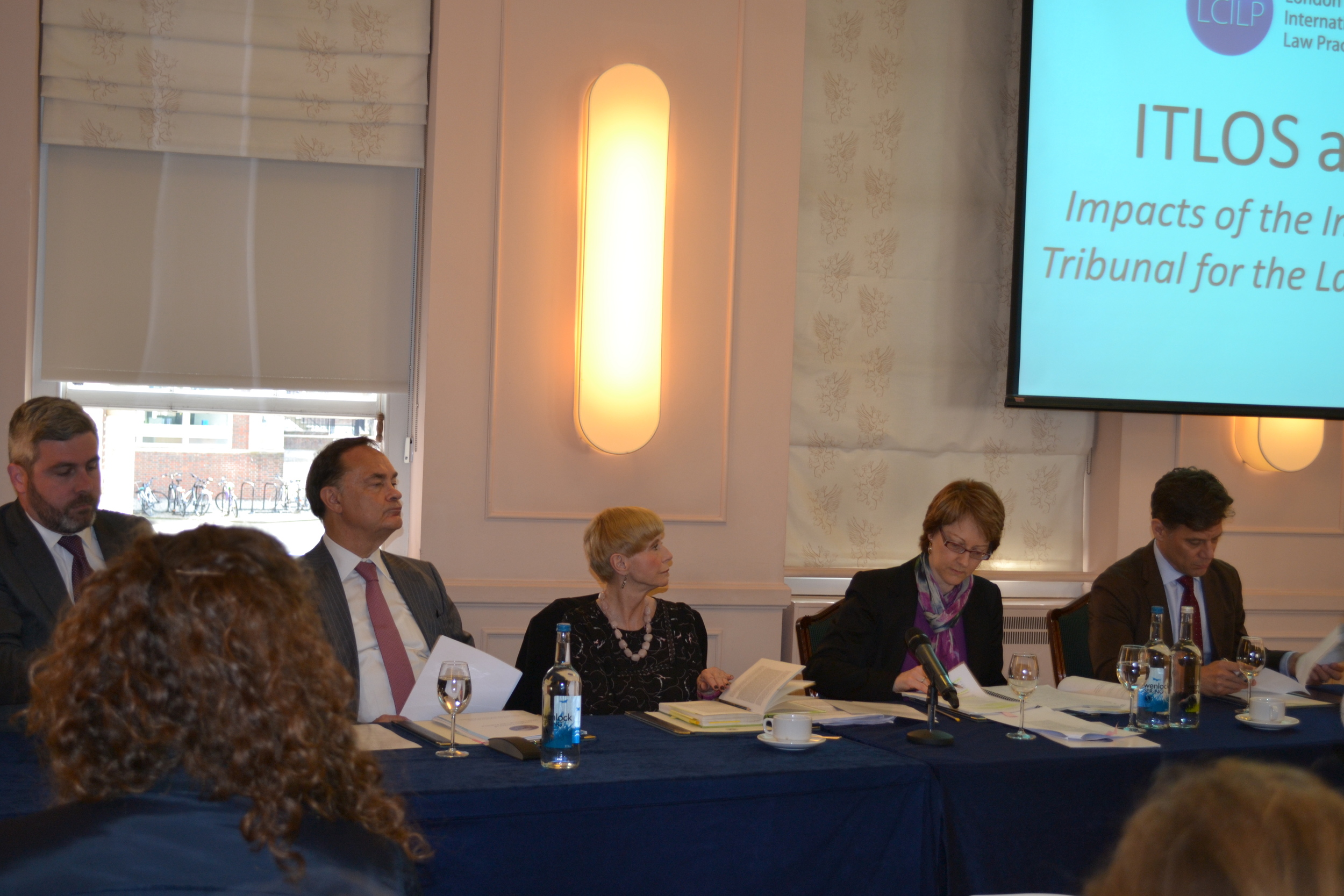 FROM L TO R: PIERRE-EMMANUEL DUPONT (HEAD OF PUBLIC INTERNATIONAL LAW, LCILP); H.E. JUDGE VLADIMIR GOLITSYN (PRESIDNT, INTERNATIONAL TRIBUNAL FOR THE LAW OF THE SEA); MALGOSIA FITZMAURICE (PROFESSOR OF PUBLIC INTERNATIONAL LAW, QUEEN MARY UNIVERSITY); JILL BARRETT (SENIOR RESEARCH FELLOW, BRITISH INSTITUTE OF INTERNATIONAL AND COMPARATIVE LAW); COALTER LATHROP (PRESIDENT, SOVEREIGN GEOGRAPHIC).