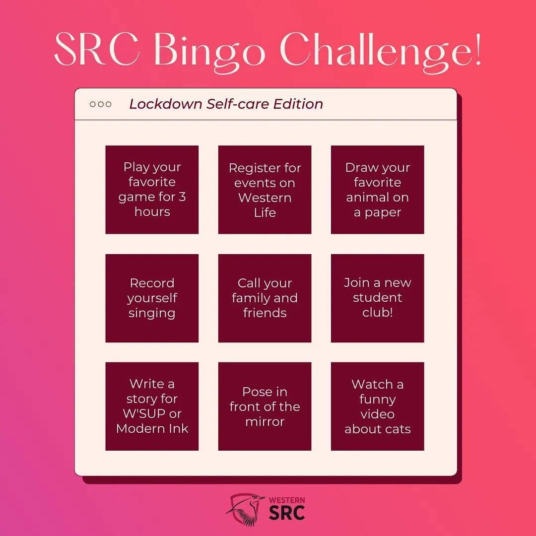 To lighten up lockdown, we've made a special SRC lockdown themed bingo card! Comment below which of these you'll try this week to take care of your mental health 💞