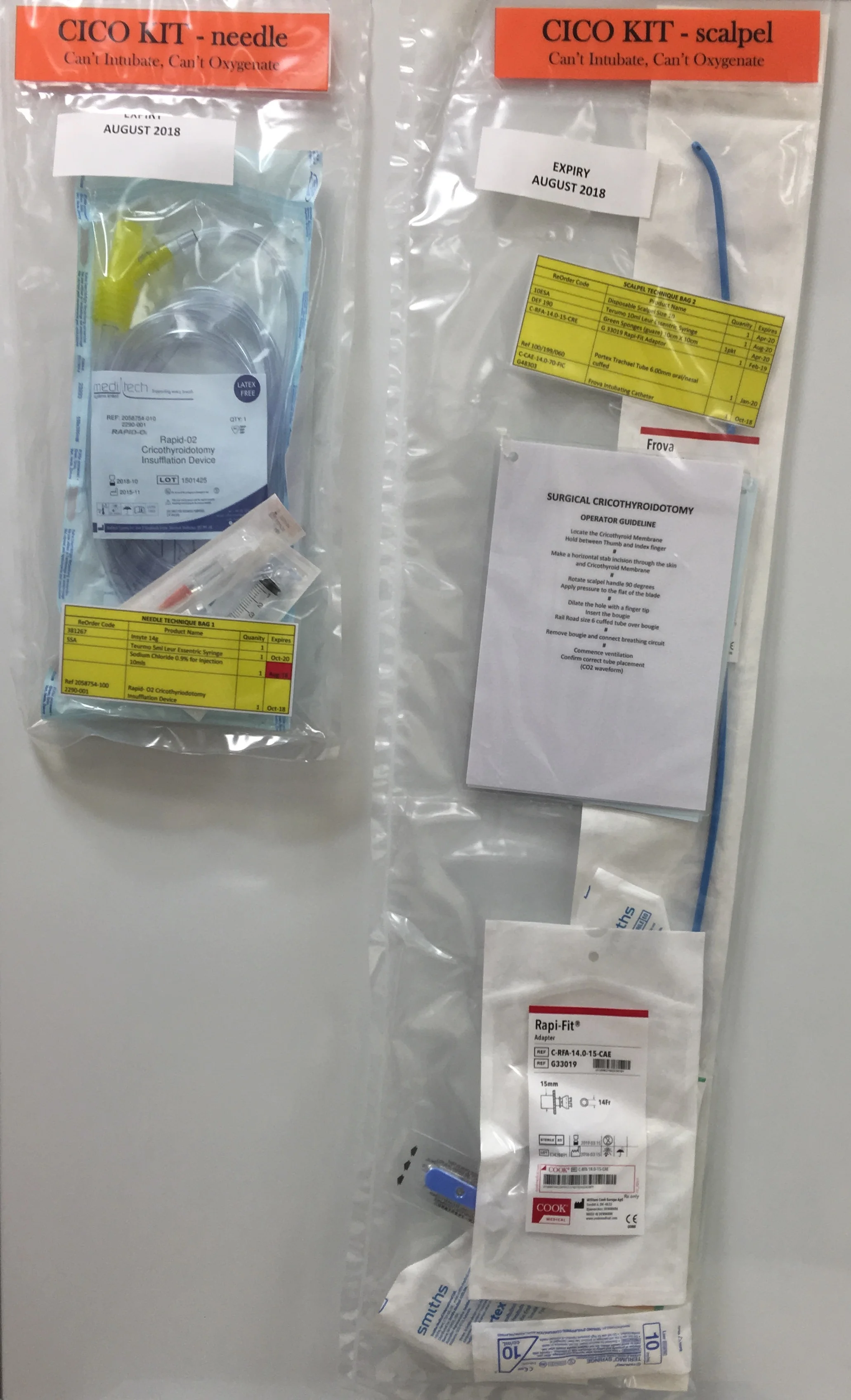 Cabrini Health (Melbourne, Australia) CICO Rescue Kits Needle Kit contents: 14G Insyte IV cannula, 5ml luer lock syringe, 10ml 0.9% saline ampoule, RapidO2 insufflation device, operator guideline Scalpel Kit contents: Size 10 broad blade disposable scalpel, Frova intubating catheter, Cook 15mm Rapifit connector, 6.0 cuffed ETT, 10ml syringe, green gauze, operator guideline