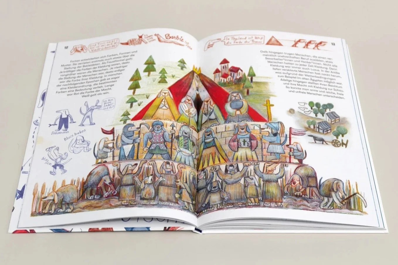 Aufgeschlagenes Buch mit Buntstift Illustrationen. Die Ständepyramide aus dem Mittelalter mit aufrecht stehenden Dackeln als Protagonisten