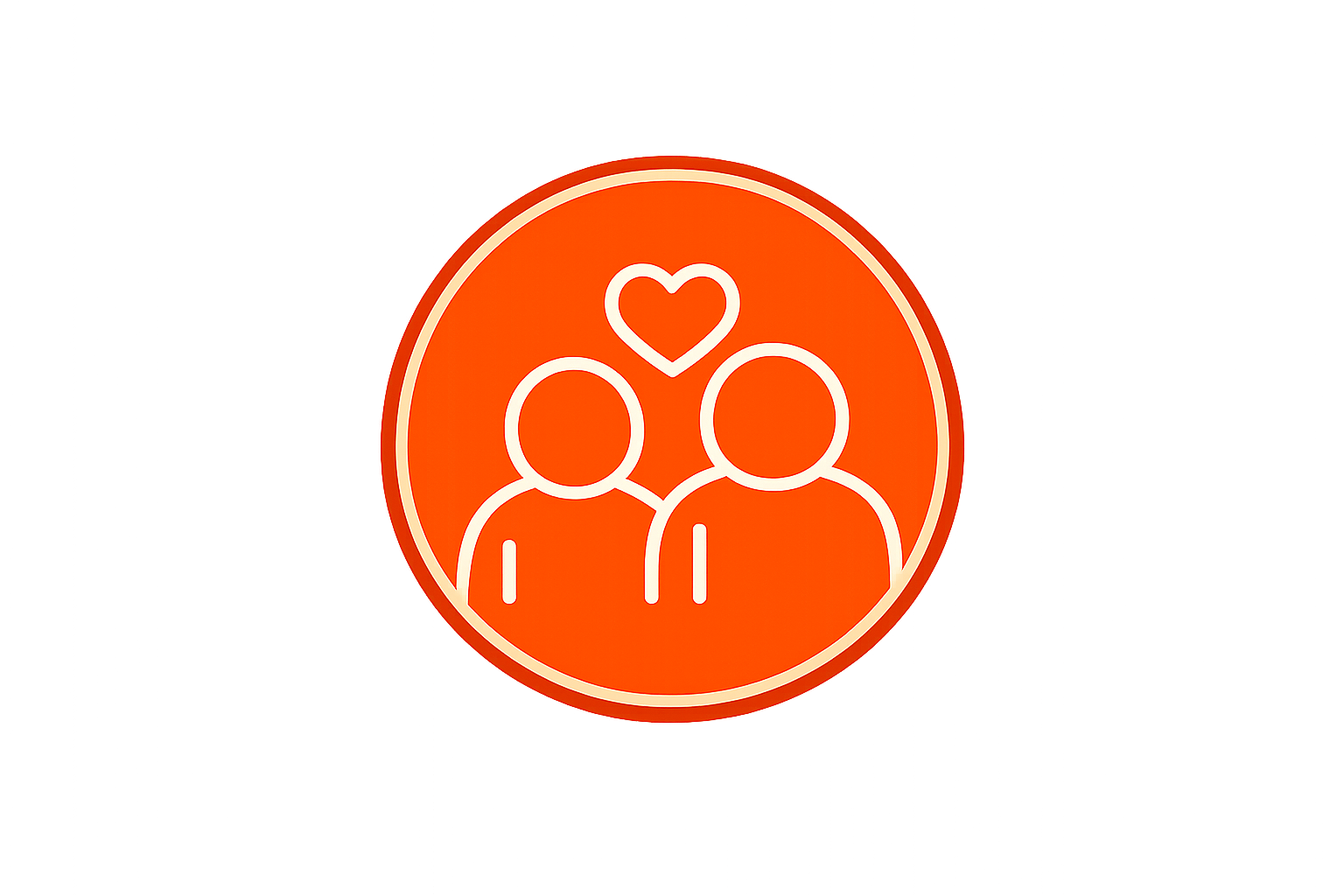 Icon with two people and a heart above them, representing love or relationships, on an orange circular background.