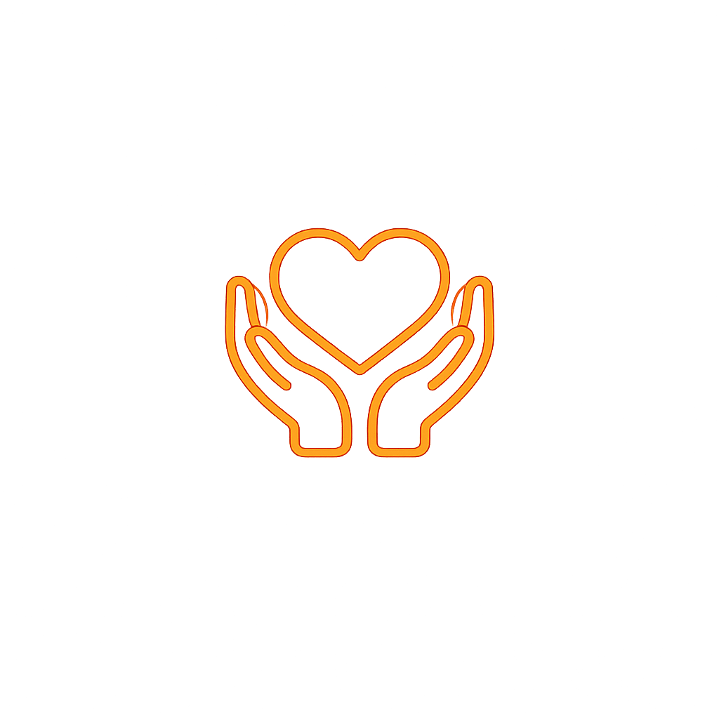Neon orange outline of two hands holding a heart against a black background.