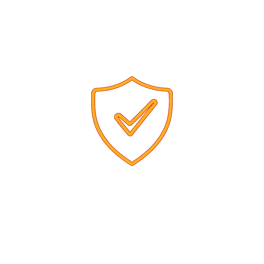 Neon orange shield with a checkmark inside on a black background