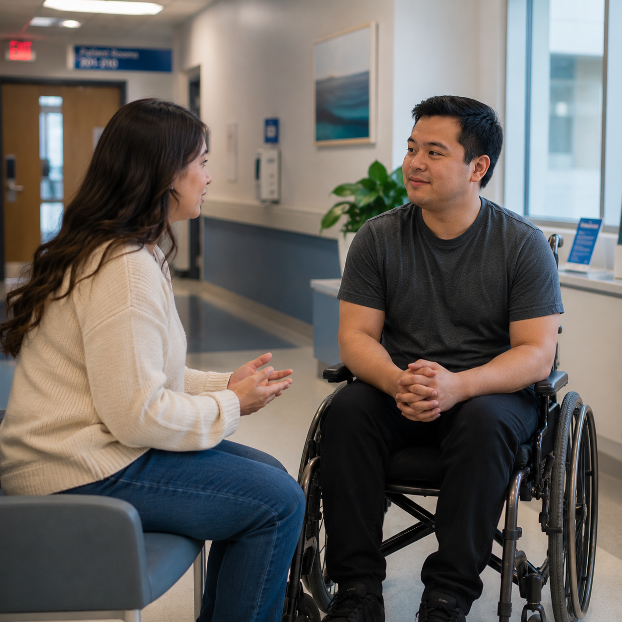 A woman and a man in a wheelchair having a conversation in a waiting area of a medical facility.