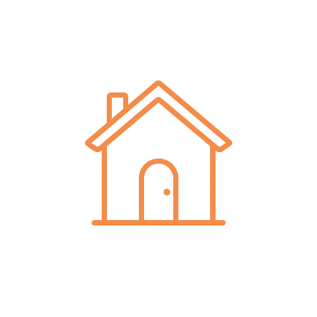 Outline of a house in orange with a sloped roof, chimney, and arched doorway on a black background.