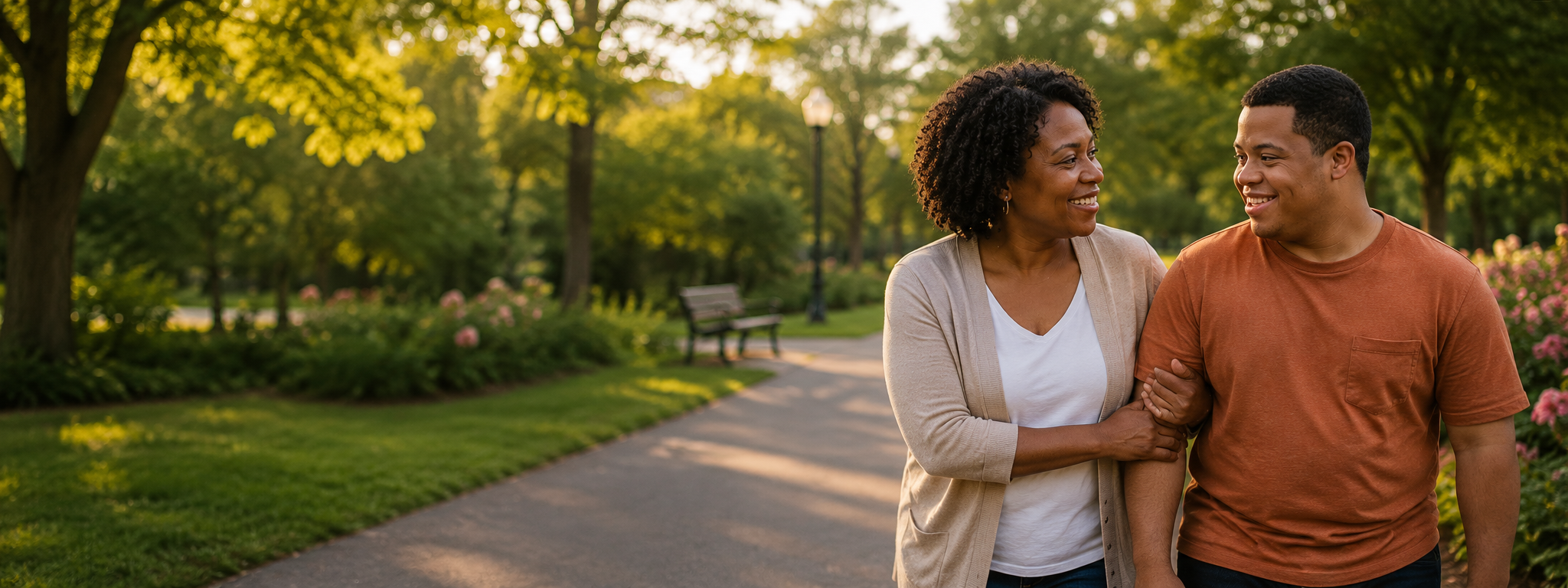 A woman and a young man walking together in a park during the daytime, smiling at each other, surrounded by green trees and flowers.