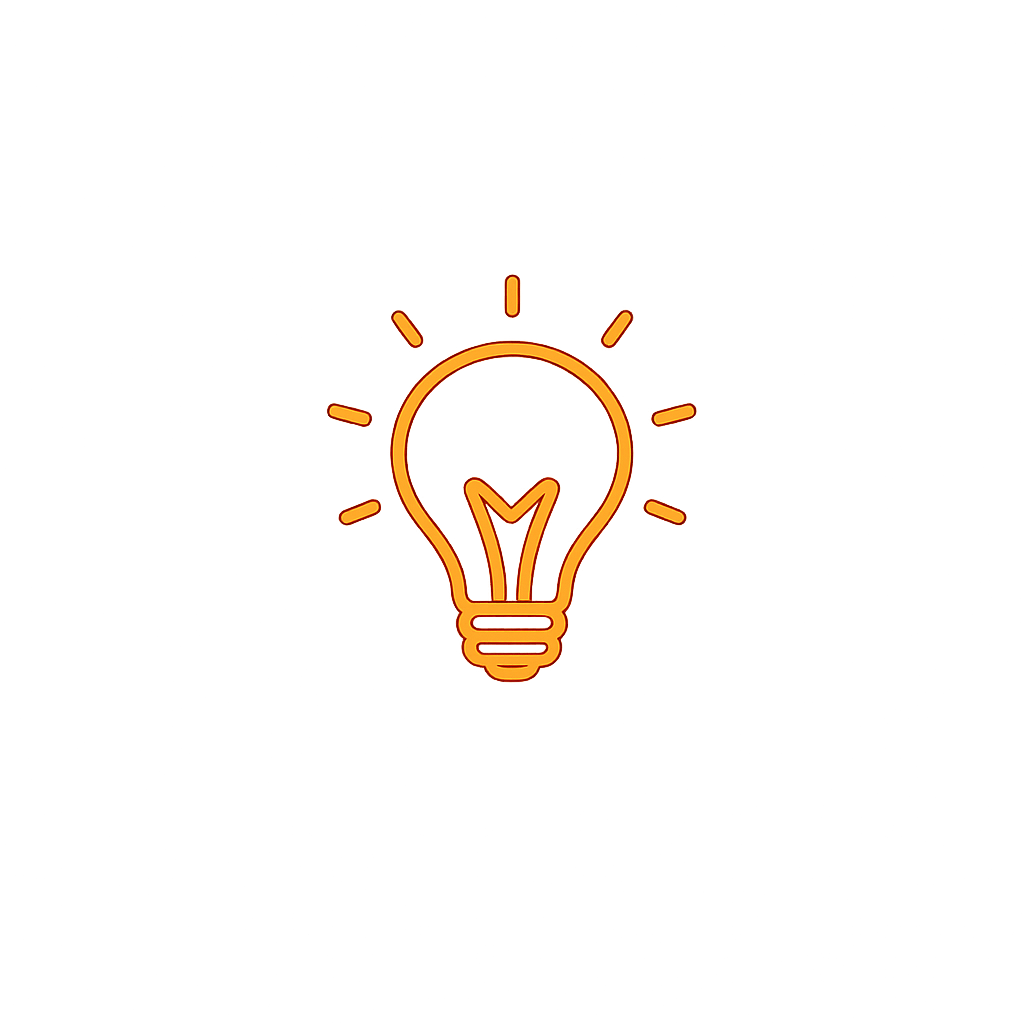 A neon orange line drawing of a light bulb with small lines radiating outward, set against a black background.