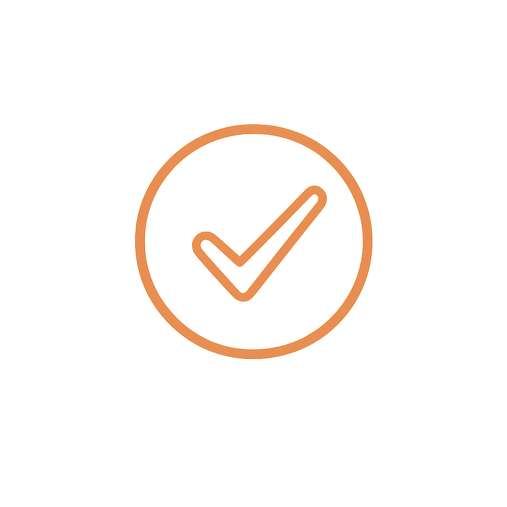 A neon orange checkmark inside a circle, symbolizing completion or approval.