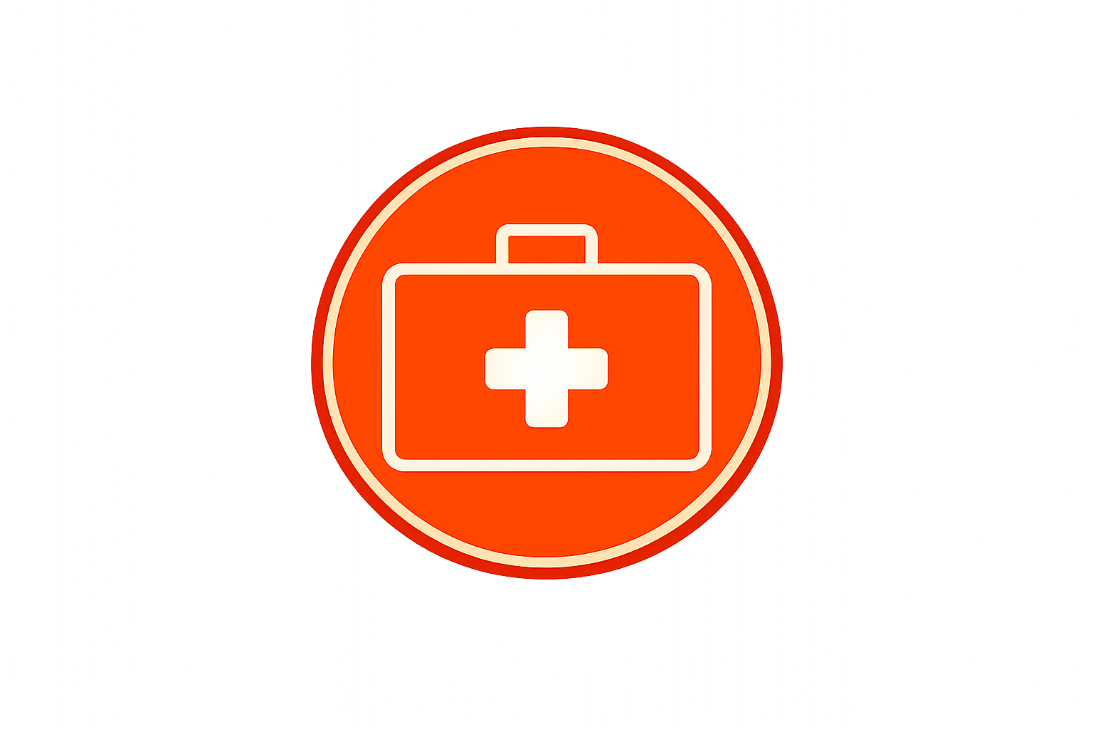 A red circular sign with a white medical cross symbol and an image of a first aid kit inside.