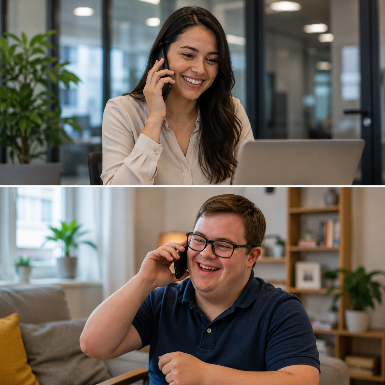 A woman and a man, both smiling and talking on phones in separate indoor settings.