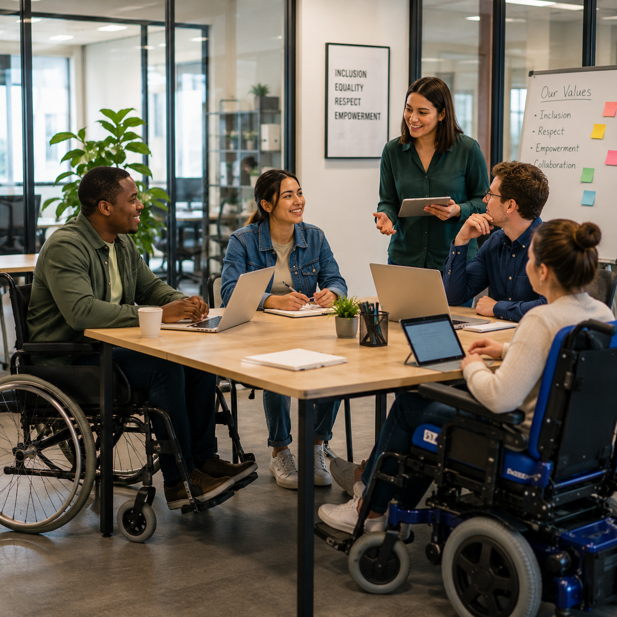 People in a diverse team having a meeting in an office, with one woman standing and presenting to four seated individuals, two of whom are in wheelchairs, with a whiteboard and motivational posters on the wall.