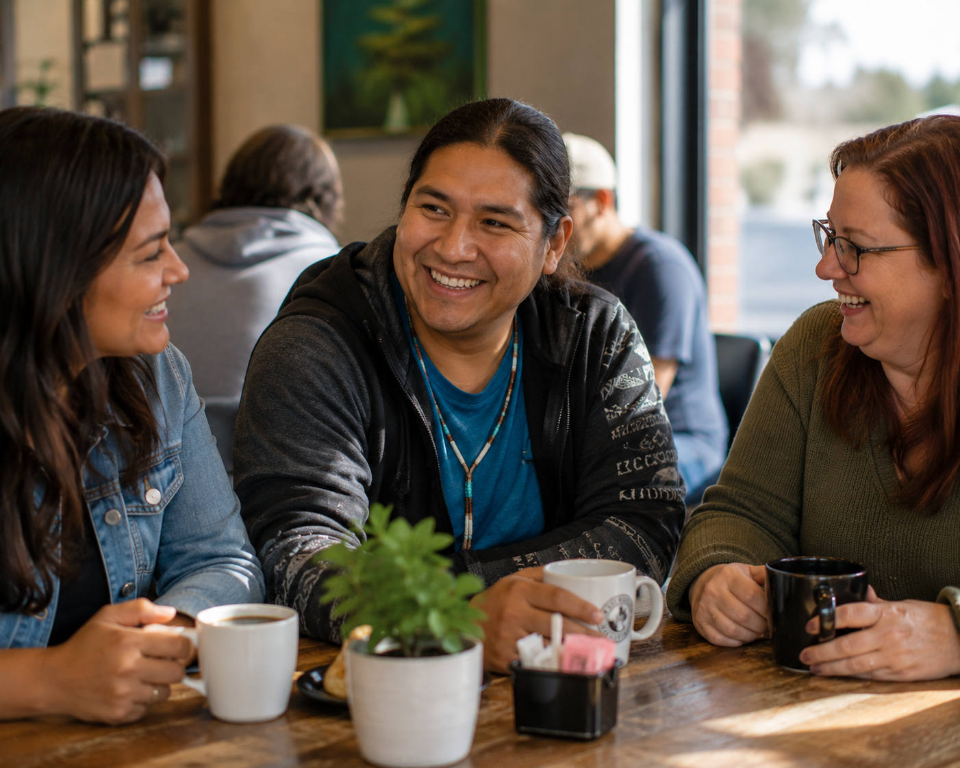 Three people sitting at a wooden table in a cafe, smiling and chatting with cups of coffee in front of them. A woman with long dark hair wearing a denim jacket on the left, a man with long dark hair and necklaces in the middle, and a woman with glasses and red hair on the right. There are other people in the background and a window behind them.