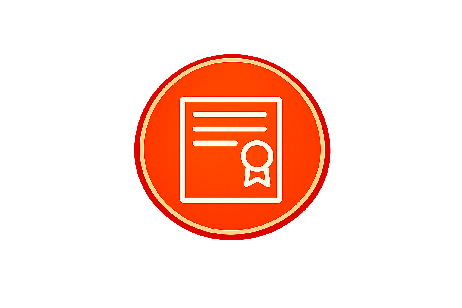 Icon of a certificate or diploma with a medal or ribbon, inside a circular orange background.