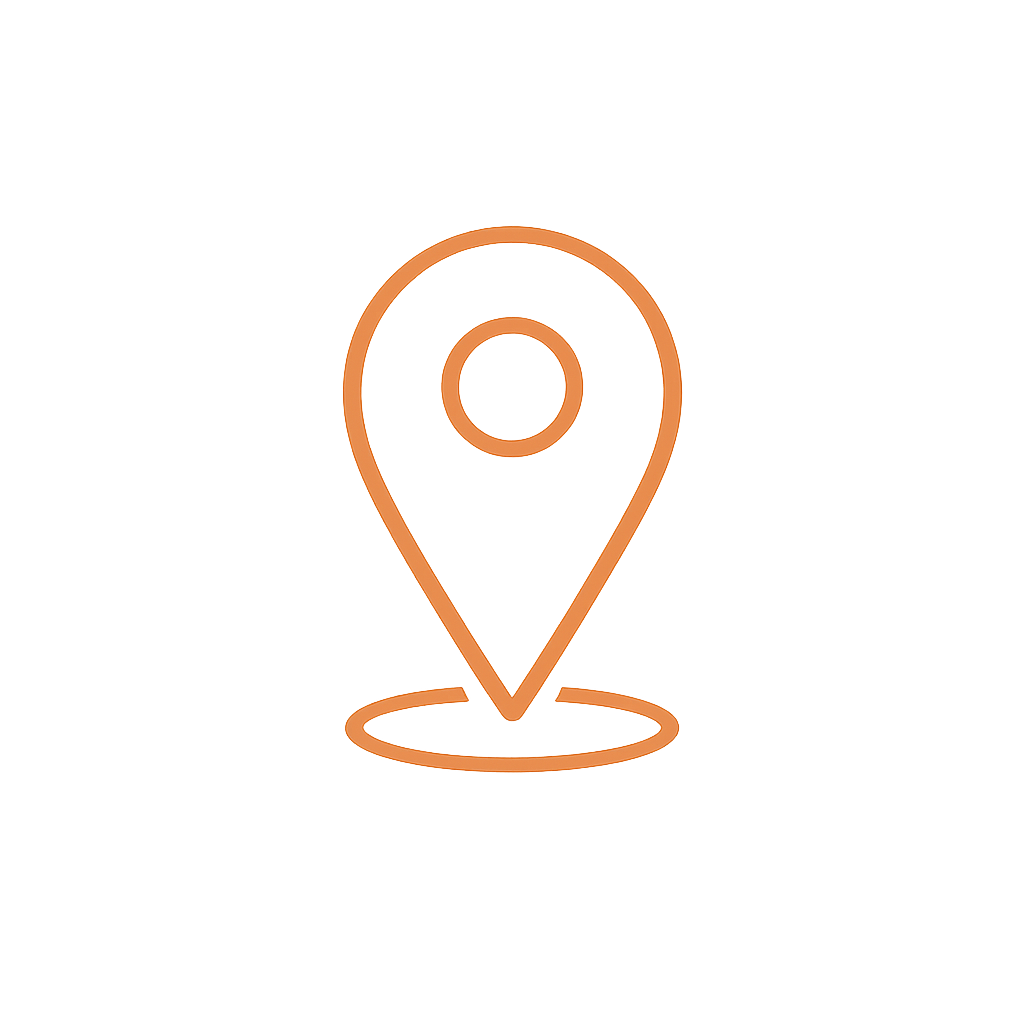 Icon of a location pin with a circle inside it, outlined in orange.