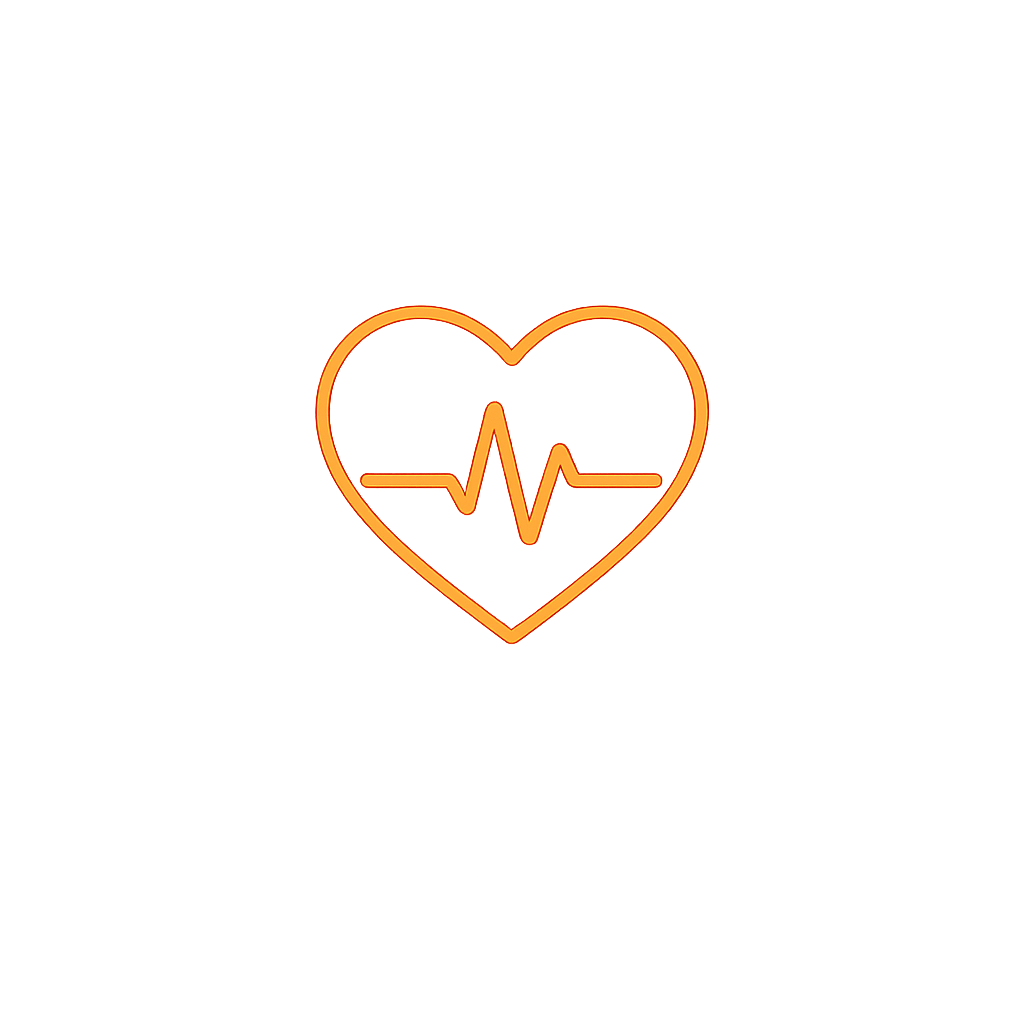 Neon orange heart with an electrocardiogram line inside, on a black background.