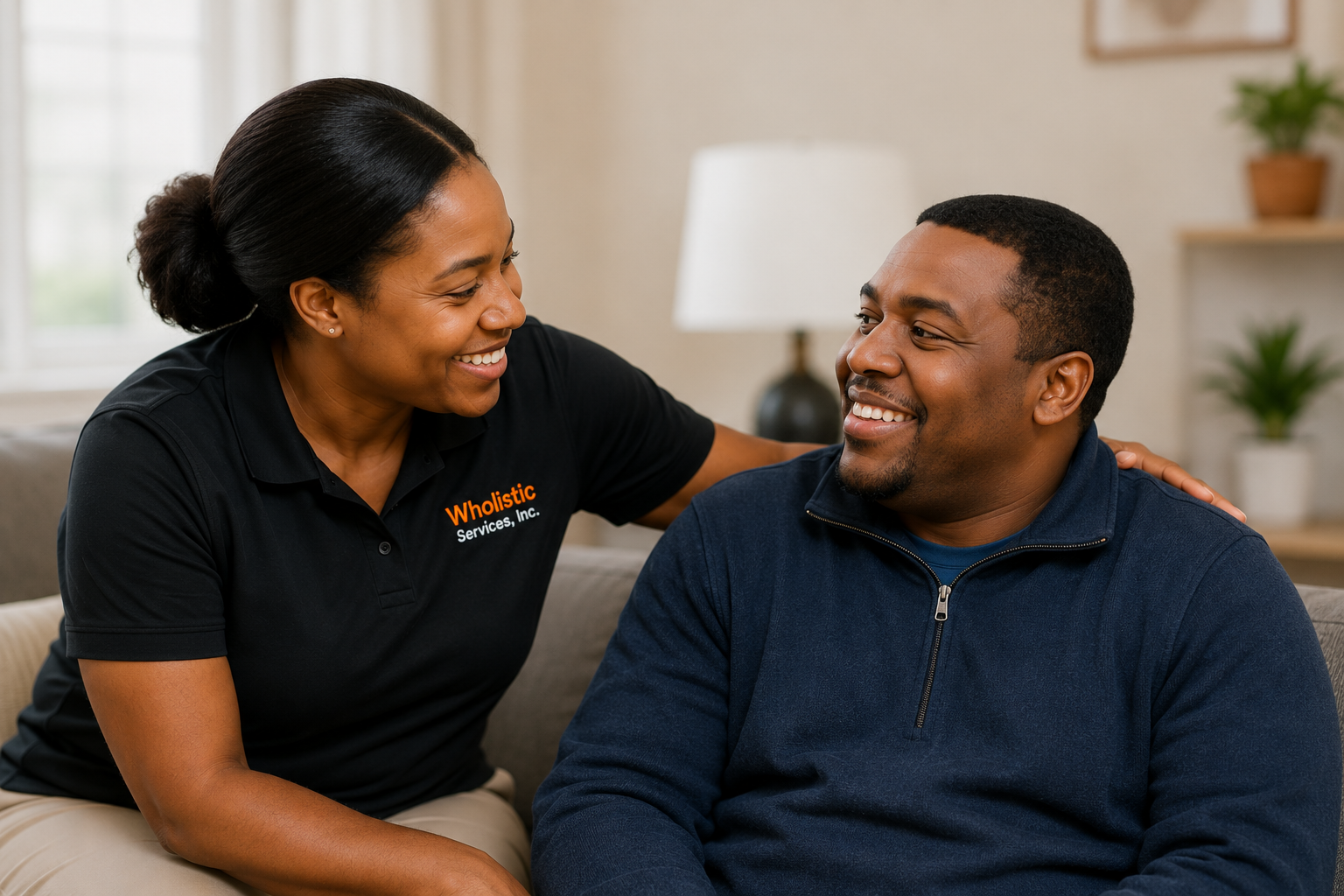 A woman with dark hair in a bun, wearing a black polo shirt with 'Wholeistic Services, Inc.' logo, smiles and leans on a man's shoulder. The man has short black hair, wears a navy blue zip-up jacket, and is smiling back at her, sitting on a beige couch in a cozy living room.