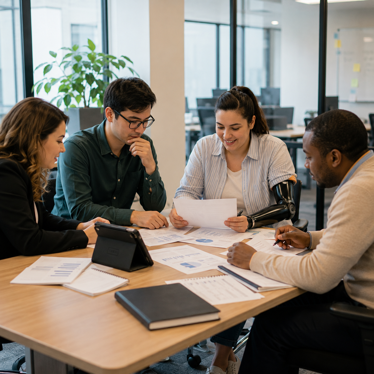 Team of five diverse professionals sitting around a table, discussing documents in a modern office meeting room with large windows and plants.