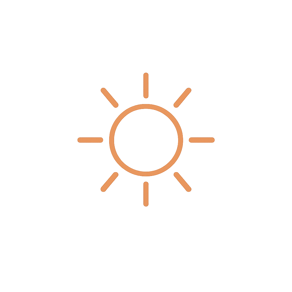 Sun icon with rays, drawn in a minimalistic style with a copper color on a black background.