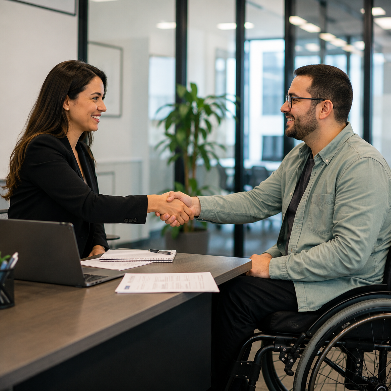 A woman and a man in a wheelchair shaking hands in a modern office during a meeting or interview.