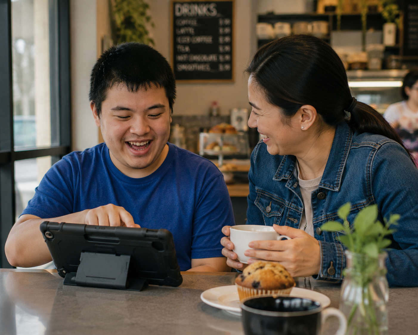 Two people, a young man and a woman, sitting at a table in a cafe, engaging with a tablet, smiling and enjoying coffee and muffins.