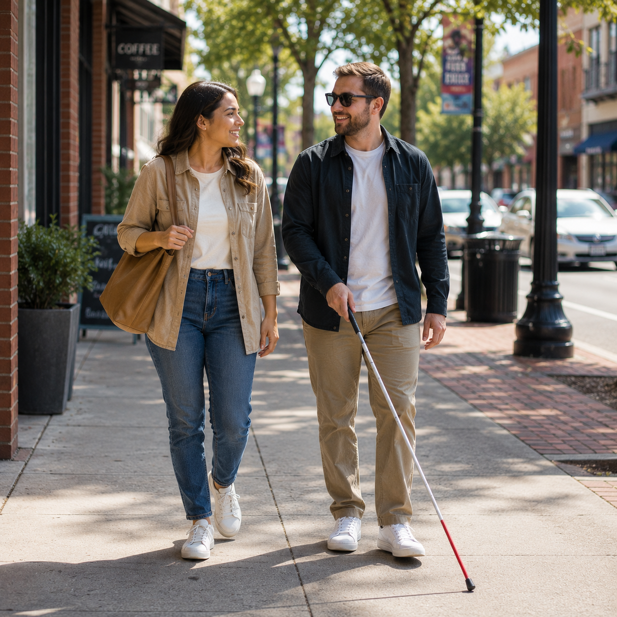 A young man with sunglasses and a cane walking on the sidewalk with a young woman, both smiling and talking, on a sunny street lined with trees, storefronts, and parked cars.