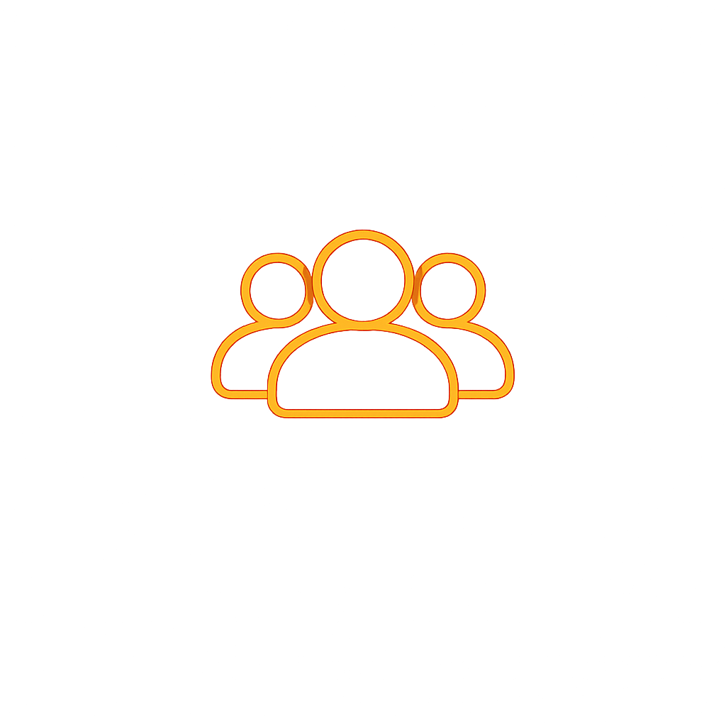 Neon orange outline of three people on a black background with star-like dots.