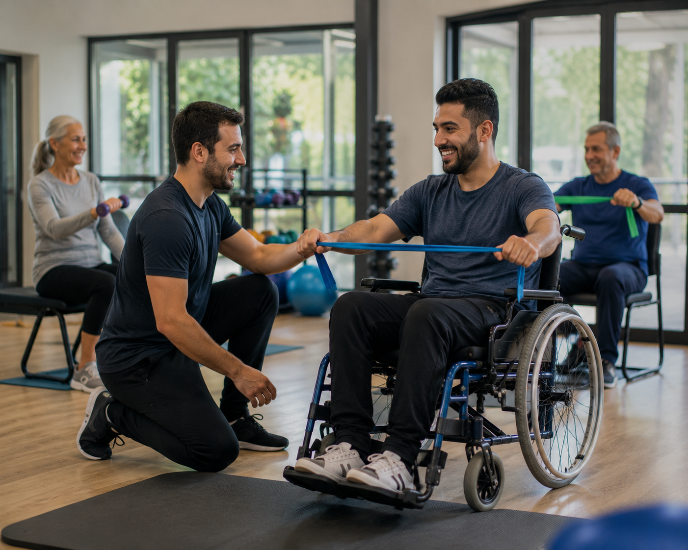 A physical therapy session in a bright gym with large windows, showing a man in a wheelchair exercising with resistance bands, assisted by a trainer. Two other individuals are in the background, actively participating in their own exercises.