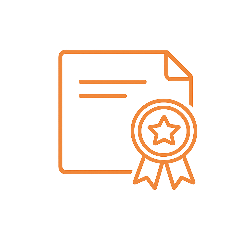 Icon of a certificate or award with a ribbon and star in orange lines.