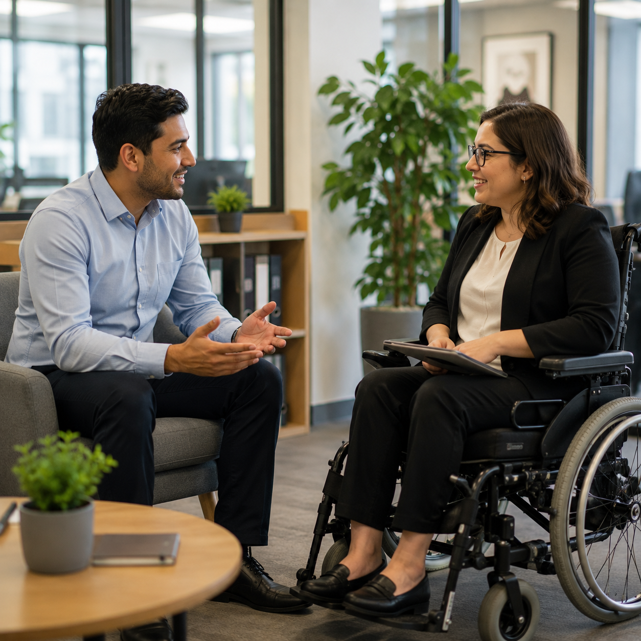 A man and a woman in a wheelchair having a conversation in an office setting. The man is sitting on a couch, gesturing with his hands, while the woman is sitting in a wheelchair, smiling and holding a tablet.