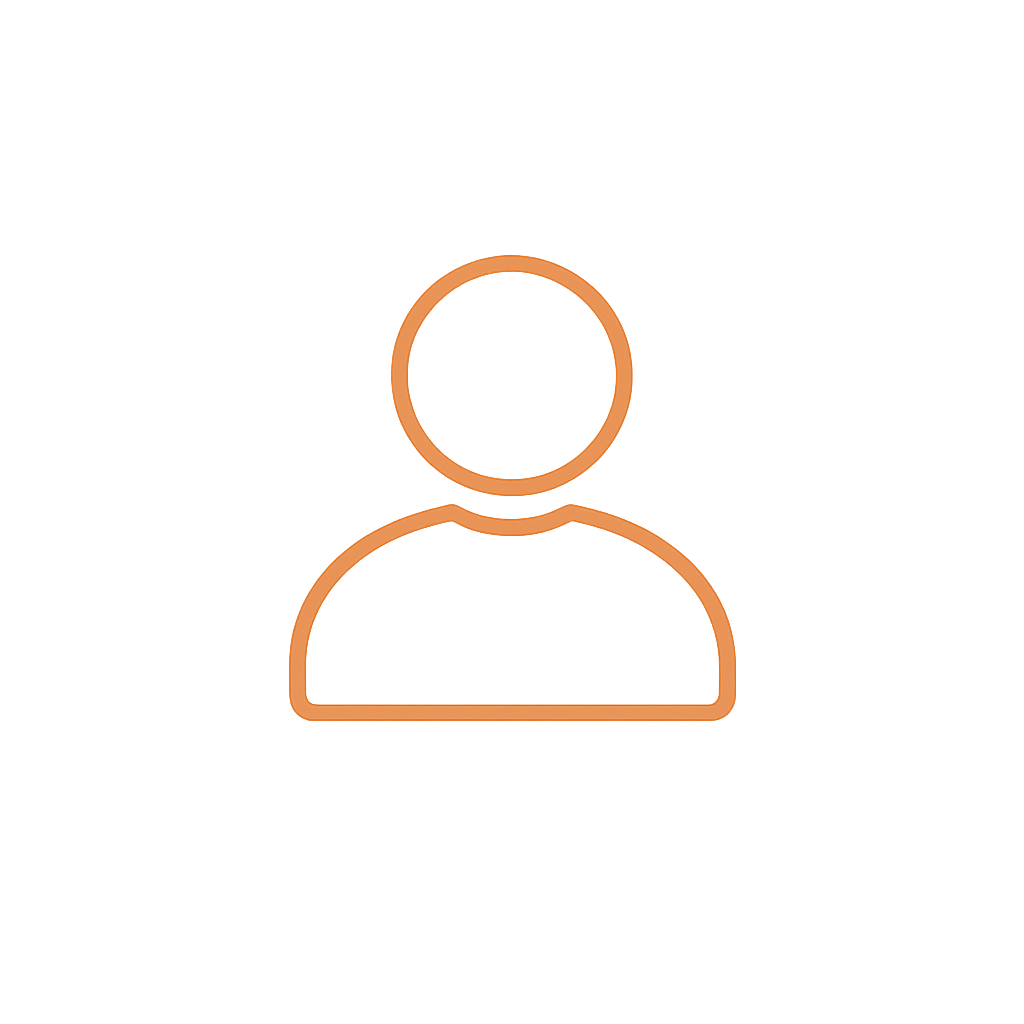 Minimalist outline of a person icon in orange on a black background.