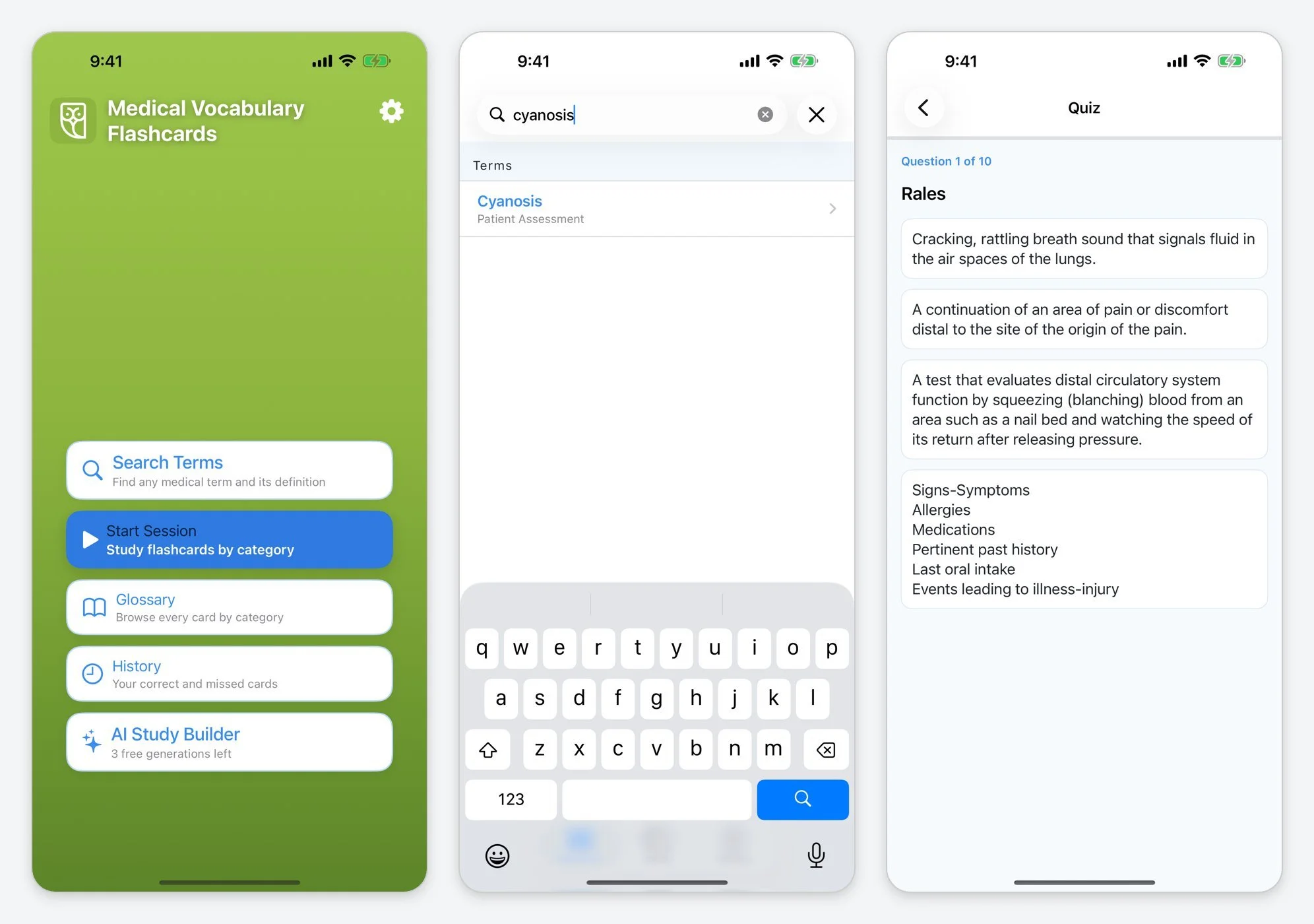 Three screens from the current Medical Vocabulary Flashcards iPhone app: the home menu, search results for cyanosis, and a multiple-choice quiz question