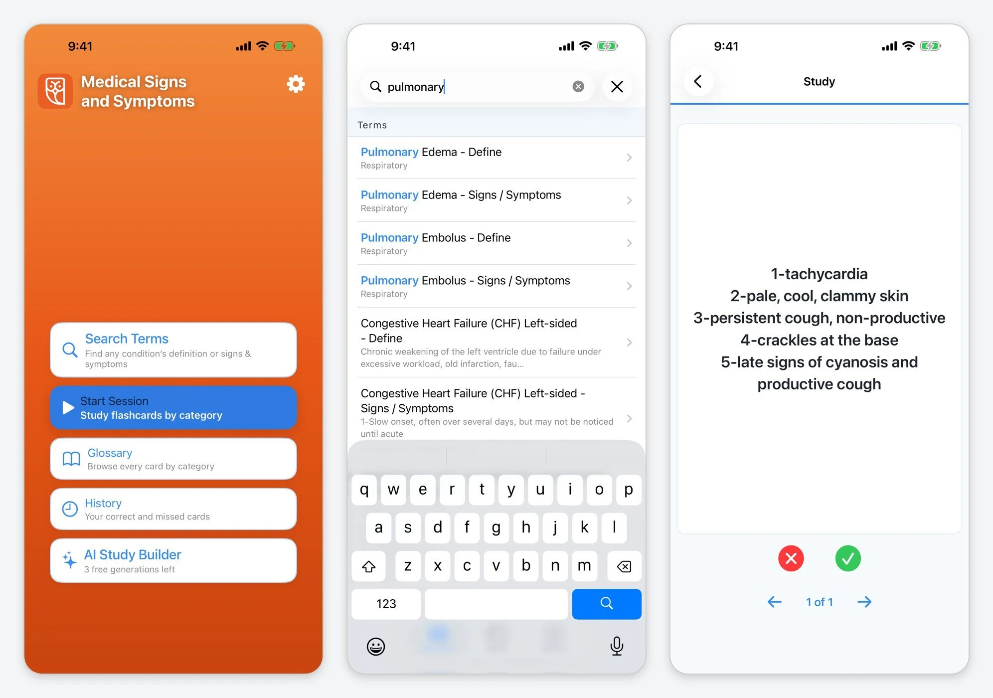 Three screens from the current Medical Signs and Symptoms iPhone app: the orange home menu, search results for pulmonary, and a study card listing signs and symptoms
