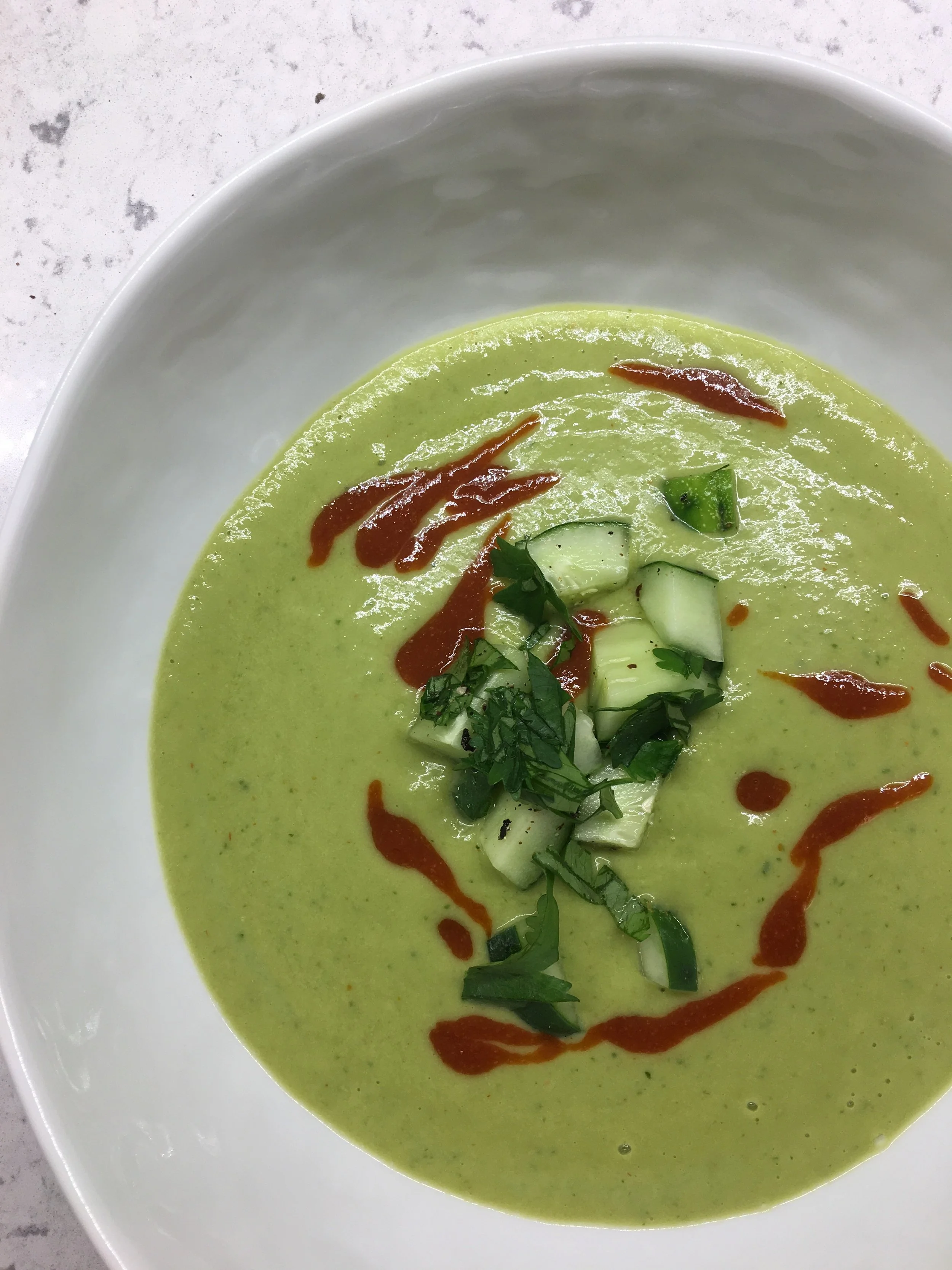 My family loves soup and with the steamy temps this summer in Brooklyn, we were happy to find this super cool, super refreshing, and super delicious cucumber soup from A Chef’s Kitchen. The original recipe calls for Greek yogurt; however, plain cashew milk yogurt worked its magic for our dairy-free kitchen. SOUP