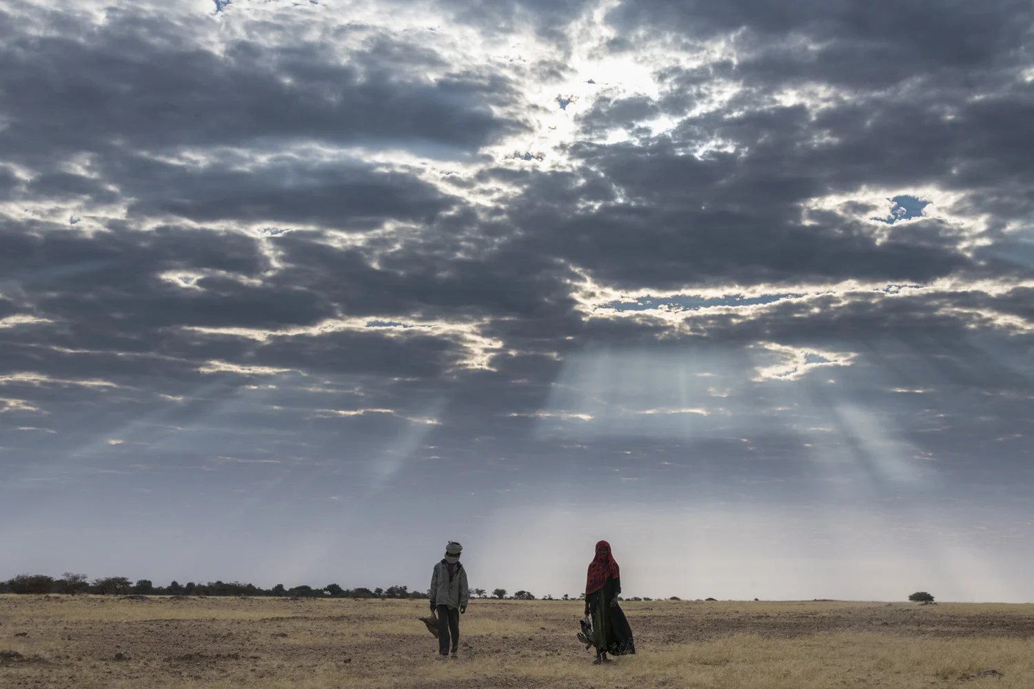 Beduin children walking under a dramatic sky in the Sahel, Chad, Africa