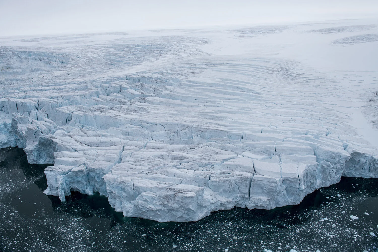 Aerial of the massive glacier of Alexandra land, Franz Josef Land archipelago, Russia