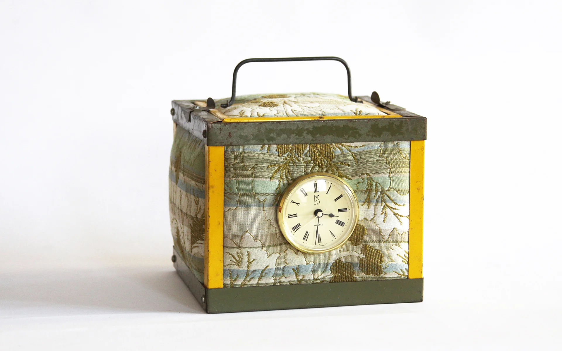 Boxing Time Reclaimed fabric, metal, wood and clock parts 7.5x7.5x7.5”