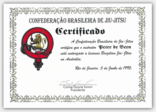 This Certificate is one of only a handful presented to rare individuals. The first of it’s kind World-wide and the only one given to a non-Brasilian, it is a very rare and powerful statement, bestowed upon Pete by the namesake son of the founder of Gracie Jiu Jitsu, Carlos Gracie Jr.
