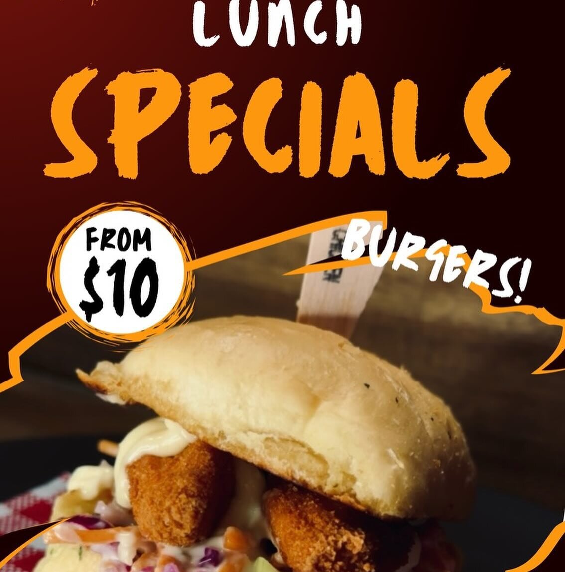 House made delicious burgers from $10 

🍔 Indulge in our house made absolutely delicious burger only a mouthwatering $10 special at Lunch !

Juicy patty or crispy chicken tenders, melted cheese, caramelised onions, crisp slaw all nestled between sof