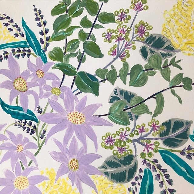 Freshly painted motifs ready to work into a pattern for one of my fave clients @salty.shadows #handpainted #flannelflowers #bluegum #australiannativeplants #designprocess #textiledesign #saltyshadows #lucyhinde #printdesign #paintingflowersmakesmehap