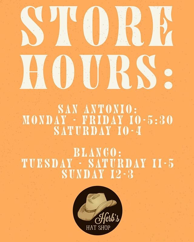 Summer 2020 might be turning out to be a bit of a bummer BUT you can still cheer yourself up with a new Hat!! Our hours for BOTH shops listed above 👆👆👆Running late? Give us a call and we might be able to keep the doors open for you 🤠 #HerbsHats #