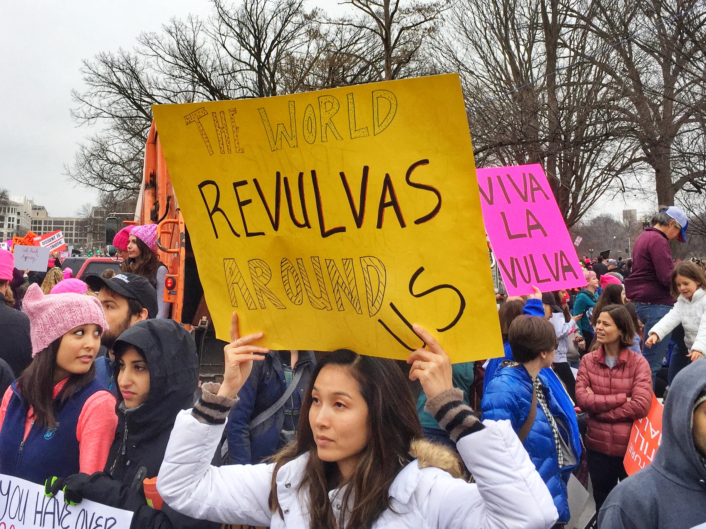 At the 2017 women’s march. I asked my husband to make sure he gets the pink sign behind me too, “viva la vulva.” So good.