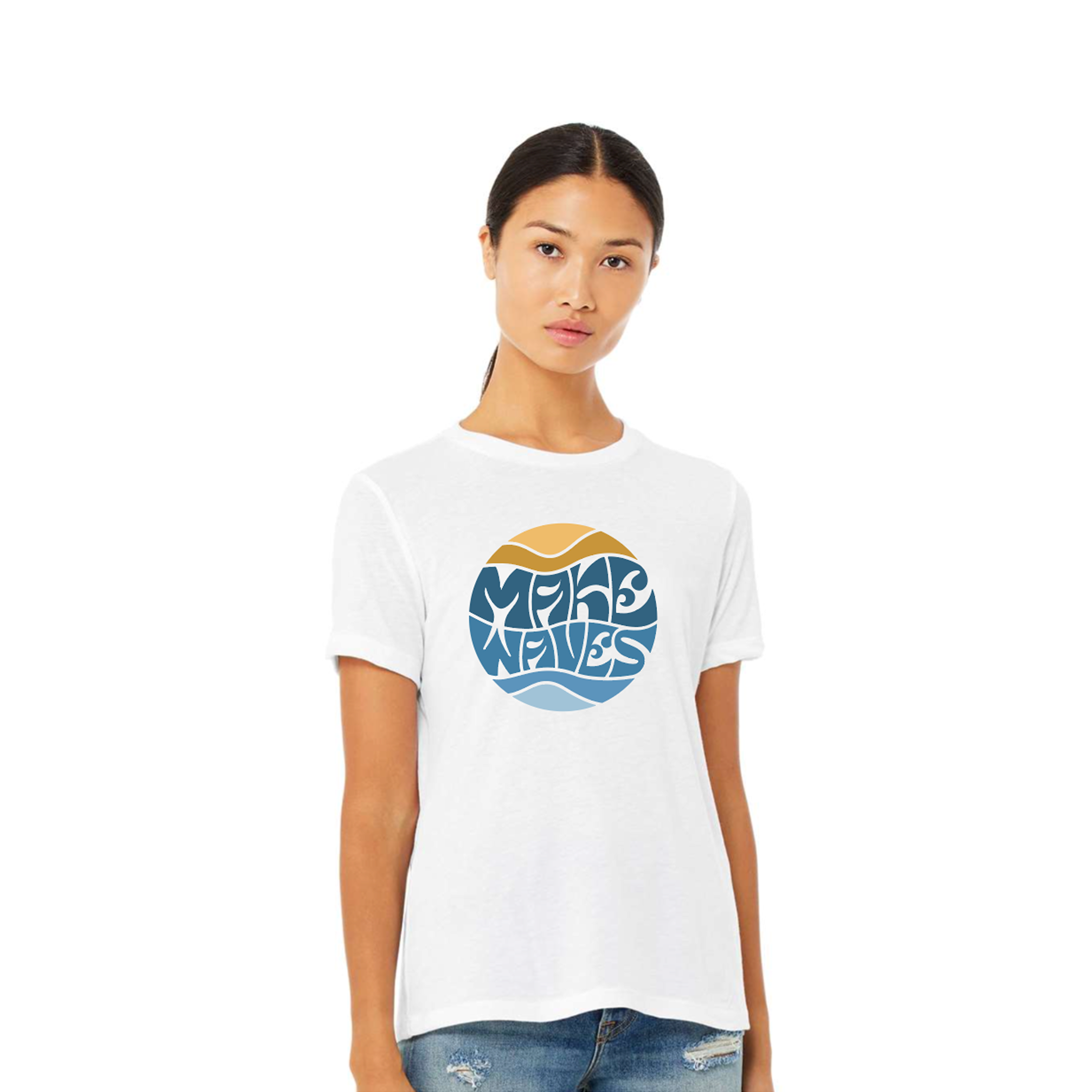 Woman wearing Make Waves t-shirt