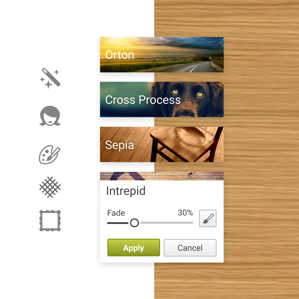 The UI language reflected the fun, creative PicMonkey spirit, combining functional simplicity with a distinctive visual character and visually inspiring photographic buttons.