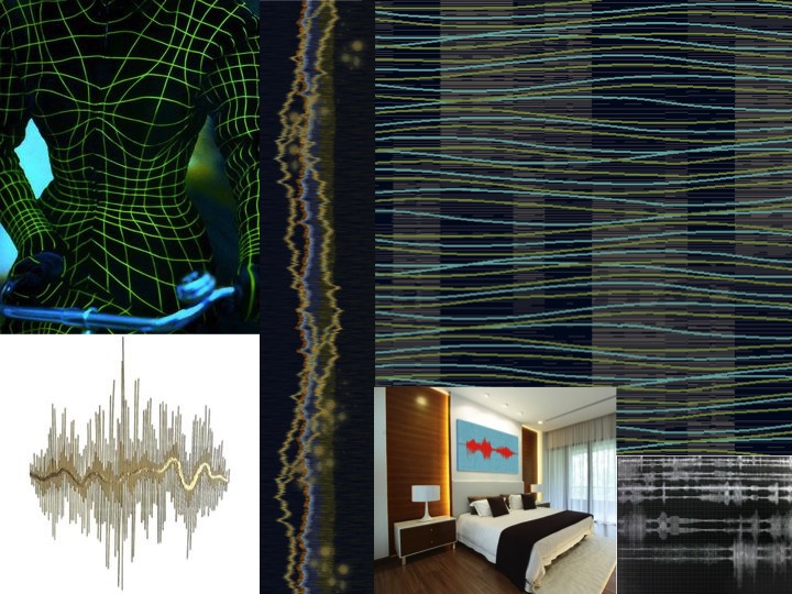 Top Left: Thierry Mugler tumblr / Middle: 1956 by Tai Ping design no. FX12244-22 / Top Left: 1956 by Tai Ping design no. BX02803-12 / Interior Hotel image: via Pinterest / Bottom Left: Sound wave wall art via Tumblr