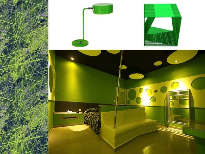 Left: 1956 by Tai Ping design no. FX11235-6 / Top middle: Green lacquered metal lamp by Anders Pehrson / Top right: LOOP powder-coated steel side table / Bottom: Colors Hotel Rome, Italy