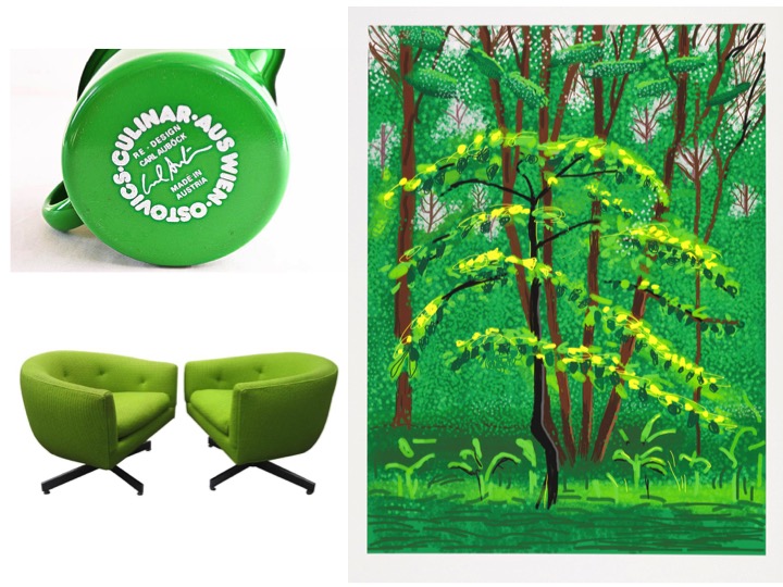 Top Left: Vintage tin cup by Aus Wien / Bottom Left: Pair of Milo Baughman barrel swivel chairs Left: Artist David Hockney