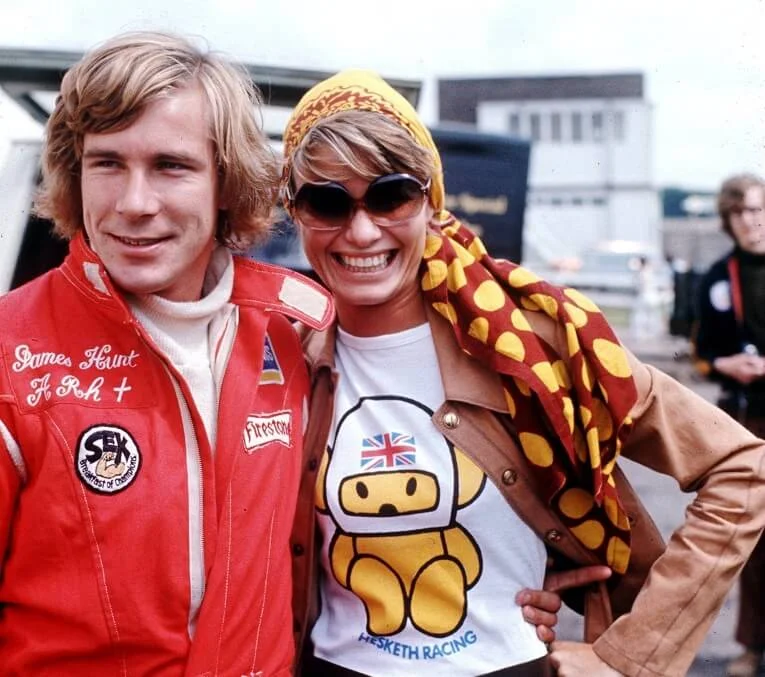 May 11, 1975– James Hunt, driver for Hesketh-Ford (and Suzy Miller, who was his wife for a short time)
