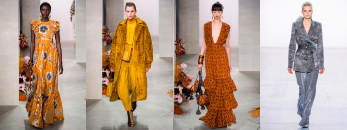 Left to Right images 1 to 3 - Ulla Johnson NY Fall RTW ‘19 | Far Right - Badgley Mischka NY Fall RTW ‘19
