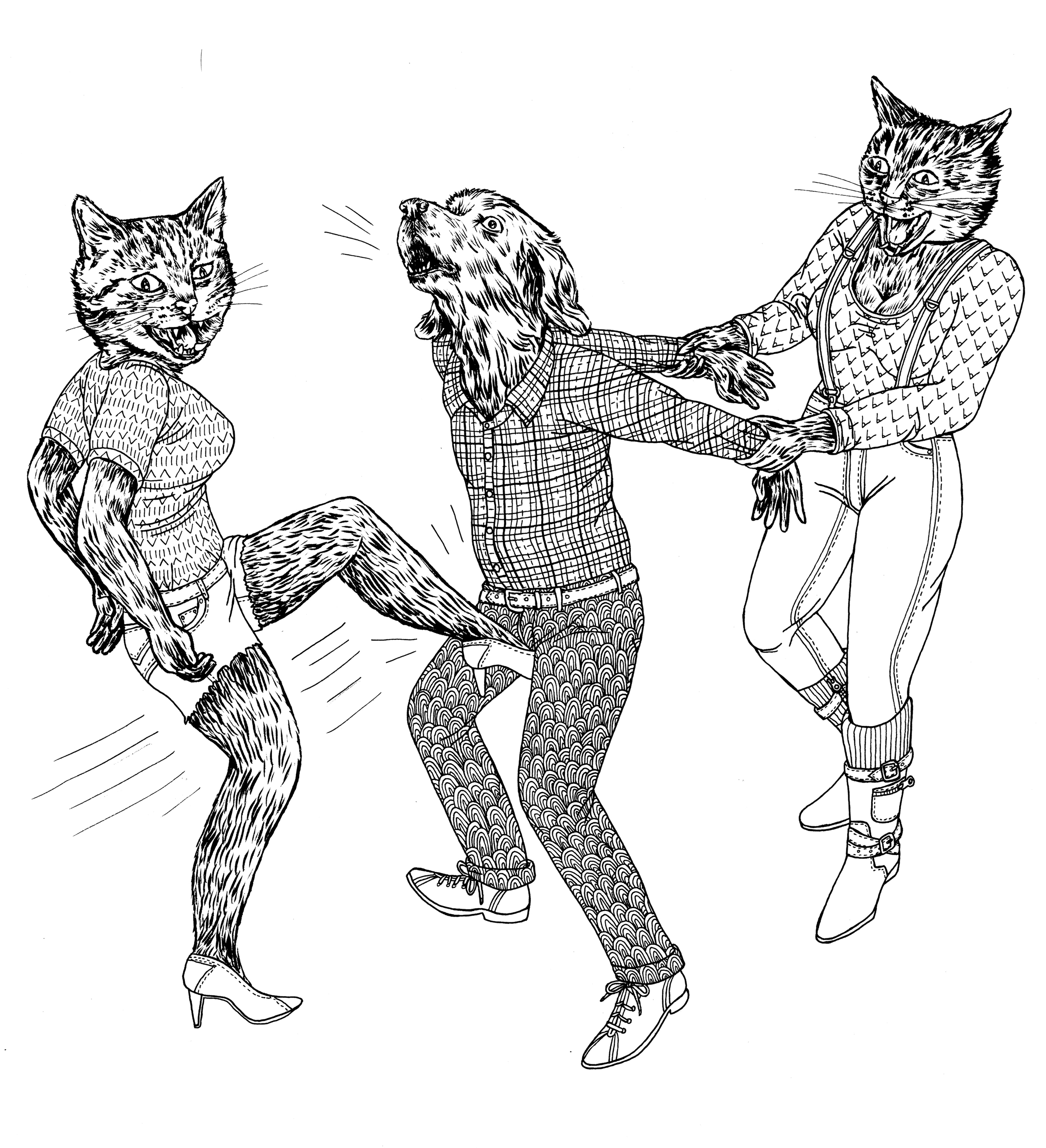 Two Cats Kicking a Dog in the Balls